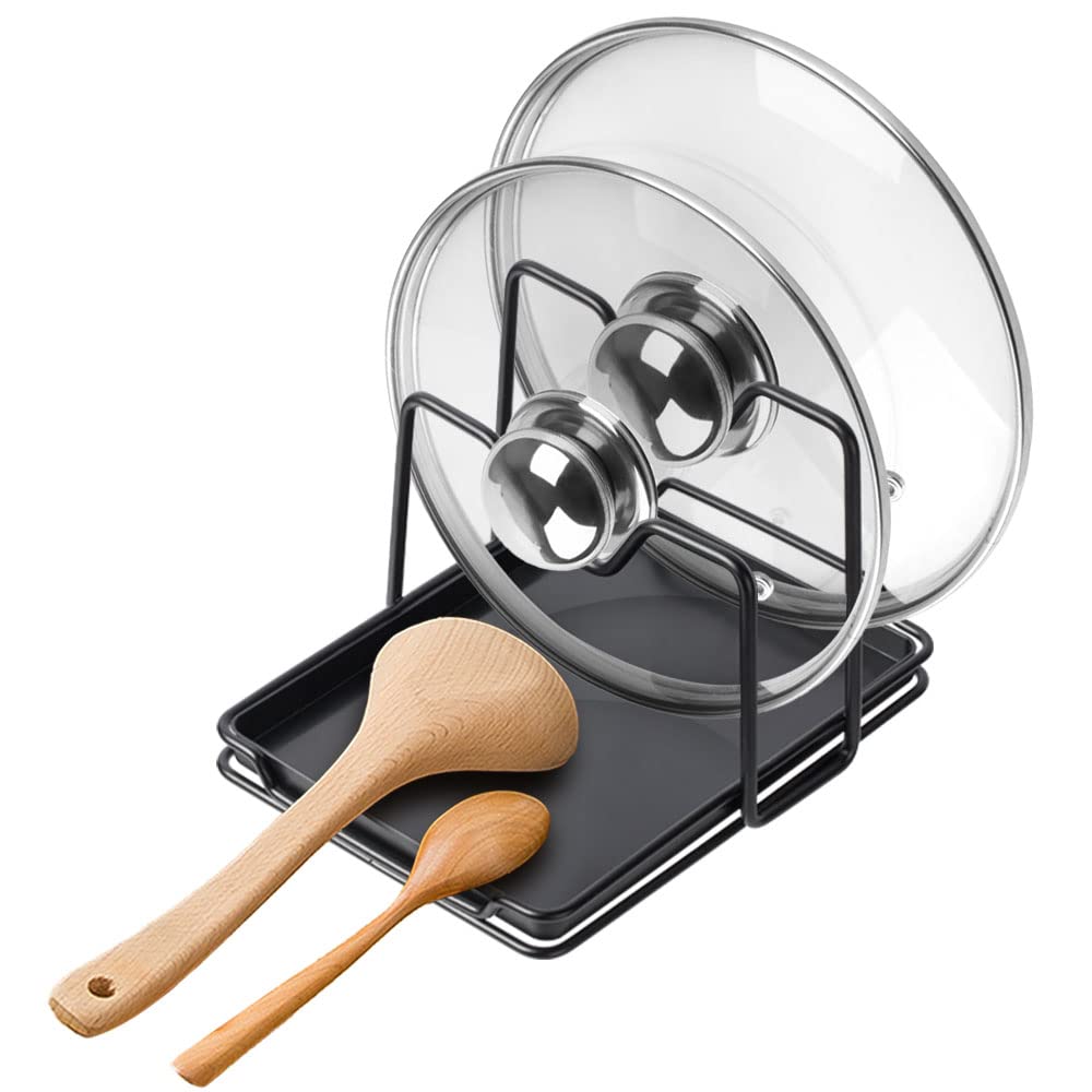 Poeland Pot Lid Holder, 2 Layers Pot Lid Organizer Multifunctional Lid And Spoon Rest Rack With Drip Tray For Pot Lids, Spatulas