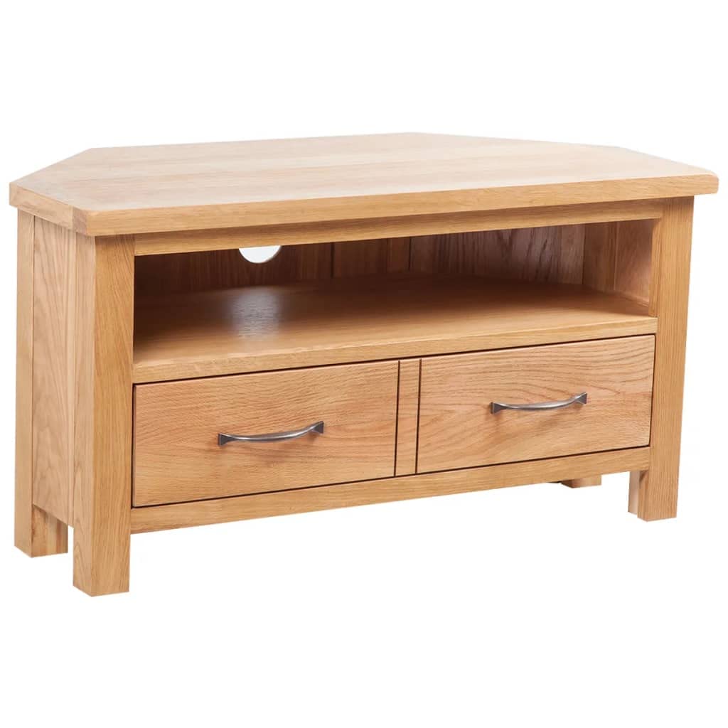 vidaXL TV Stand - Rustic Solid Oak Wood with a Drawer, Cable Outlet, Dual Compartment Design, Smooth Run Handles, and Space for Media Devices - 34.6 x 16.5 x 18.1 Brown-Like New Condition