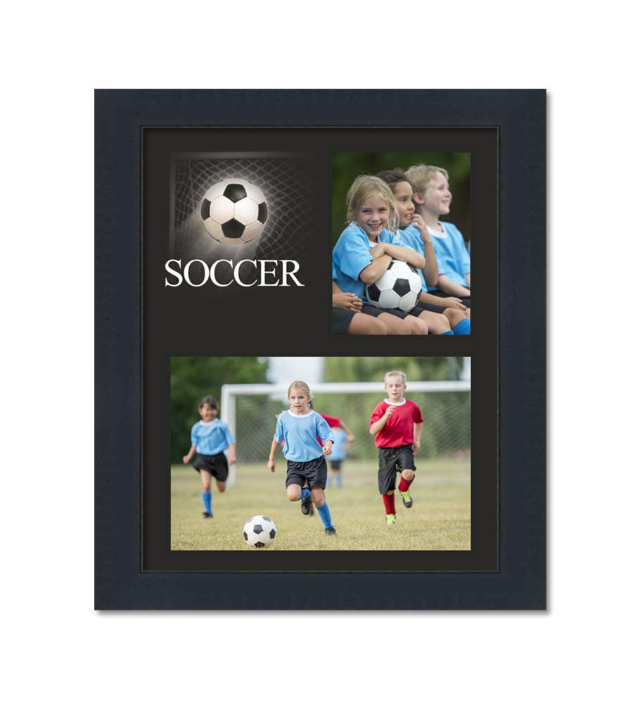 CountryArtHouse Soccer Theme Modern Black Wood Frame and Soccer Decoration Graphic for Two Photos Measuring 3x5 & 7x5 Inches