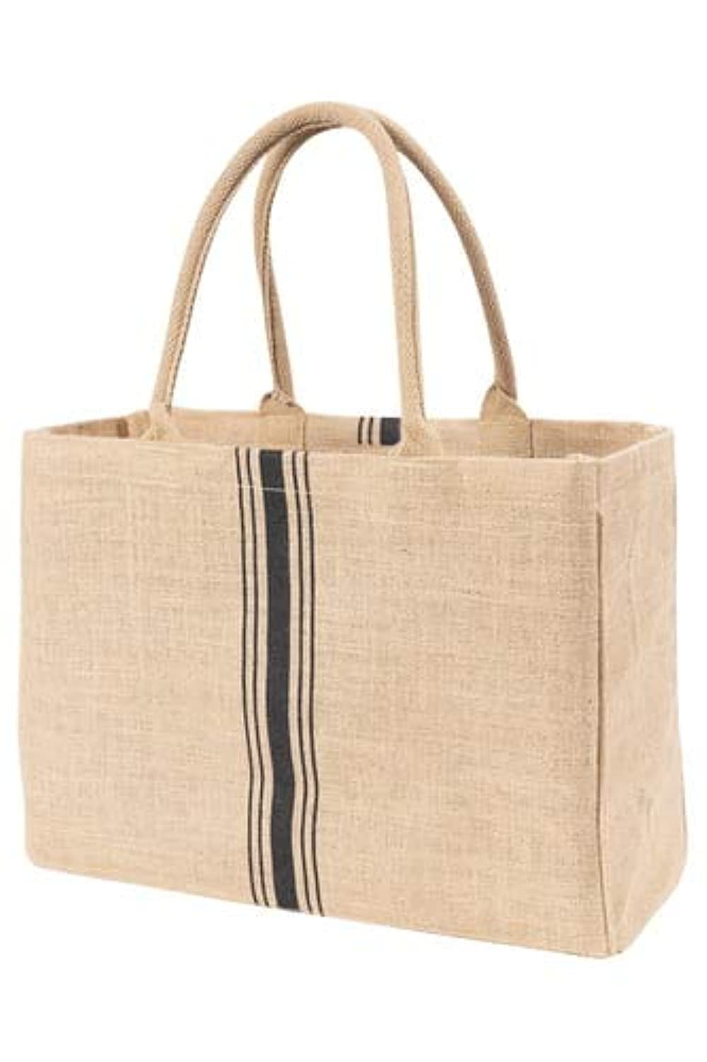 Kaf Home Jute Market Tote Handles Reusable Grocery Bag, Triple Stripe