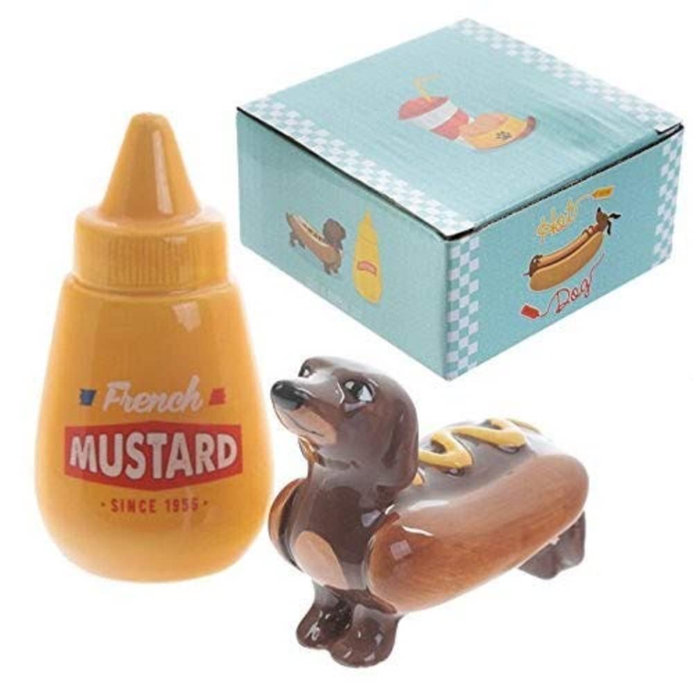 Puckator Sausage Dog in a Bun & Mustard Fast Food Ceramic Salt & Pepper Set