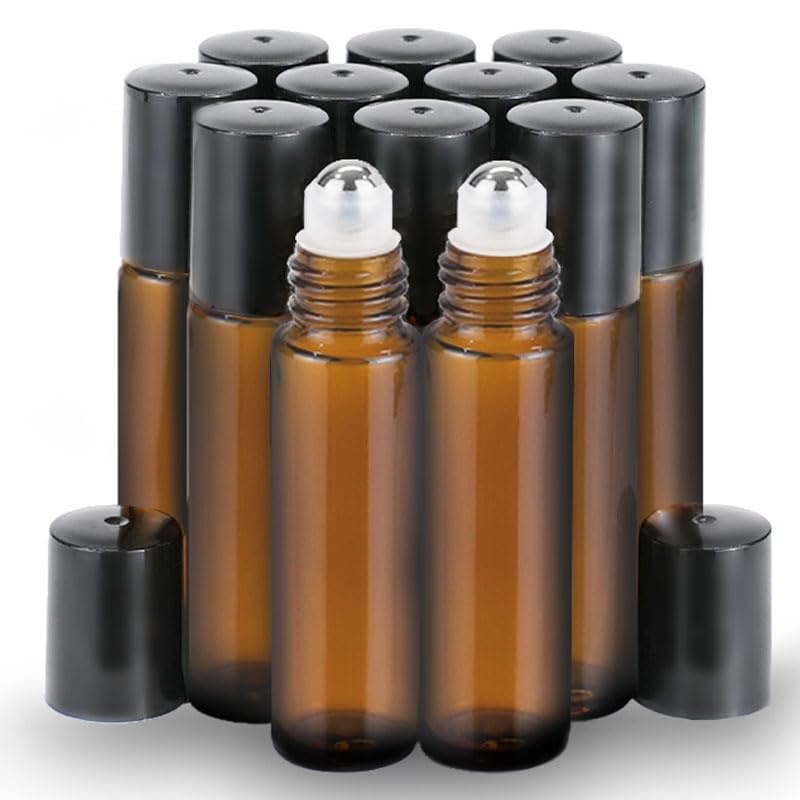 Prettycare Roller Bottles For Oils 10 Ml (Amber Glass, 12 Pack, 1 Extra Stainless Steel Balls, 12 Labels, 1 Opener, 1 Funnels Es