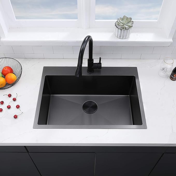 Vccucine 33 Inch Black Drop In Kitchen Sink,33 X 22 Inch Gunmetal Black Single Bowl Stainless Steel Basin Topmount Kitchen Sink,