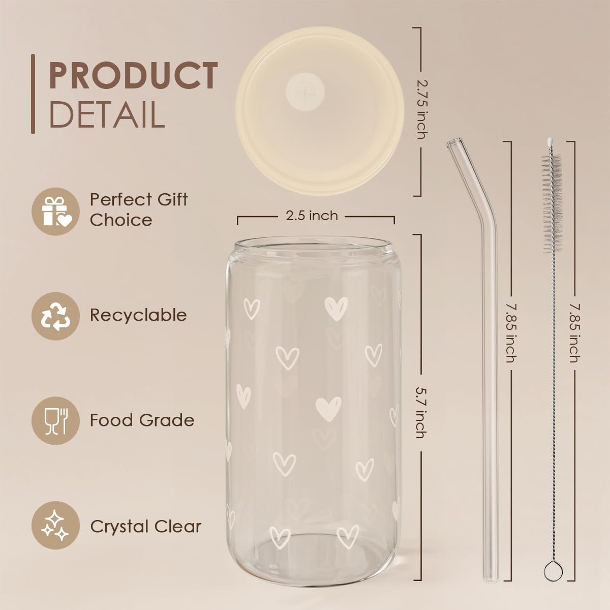 Heart 16oz Can Glass Tumbler with Acrylic Lid & Straw, Iced Coffee Cup for Women, Aesthetic Cups Gifts for Birthday Christmas Va