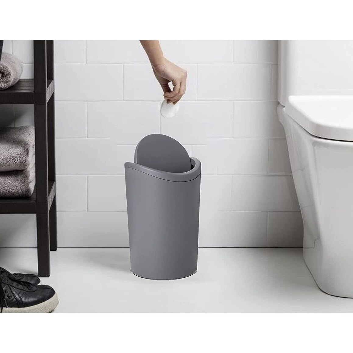 Superio Mini Bathroom Trash Can With Lid, Modern Grey Mini Waste Bin With Swing Lid (1 1/2 Gallon, 6 Liter) Plastic Garbage Can