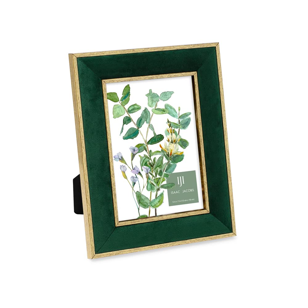 Isaac Jacobs 5x7 Green Velvet Picture Frame with Metallic Gold Double Border, Photo Frame, Horizontal & Vertical, Made for Table