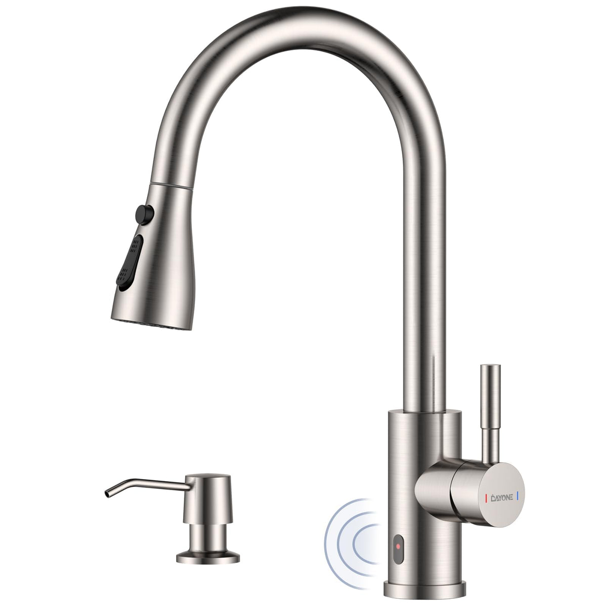 Dayone Touchless Kitchen Sink Faucet With Soap Dispenser And Pull Down Sprayer, Stainless Steel High Arc Motion Sensor Touch Fau