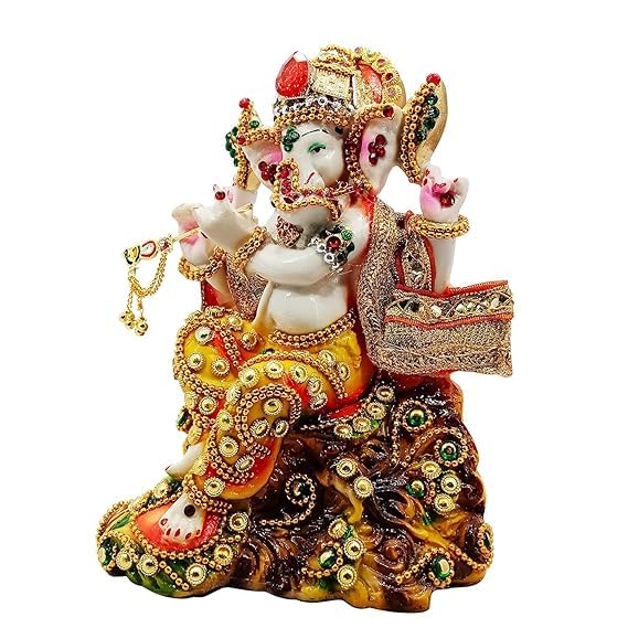 Ani Divine Dressed Ganesh Chowki (Marble Dust) 10 Inches Ganesha Idol Statue Ganpati Ji Murti Vinayaka Vighnharta Idol For Home