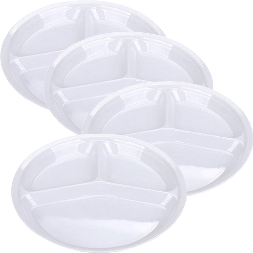 Aiyoo Reusable Dinner Plates 4 Pack 10.25 Inch Plastic White Divided Plates For Adults Camping 3-Compartment Portion Control Pla