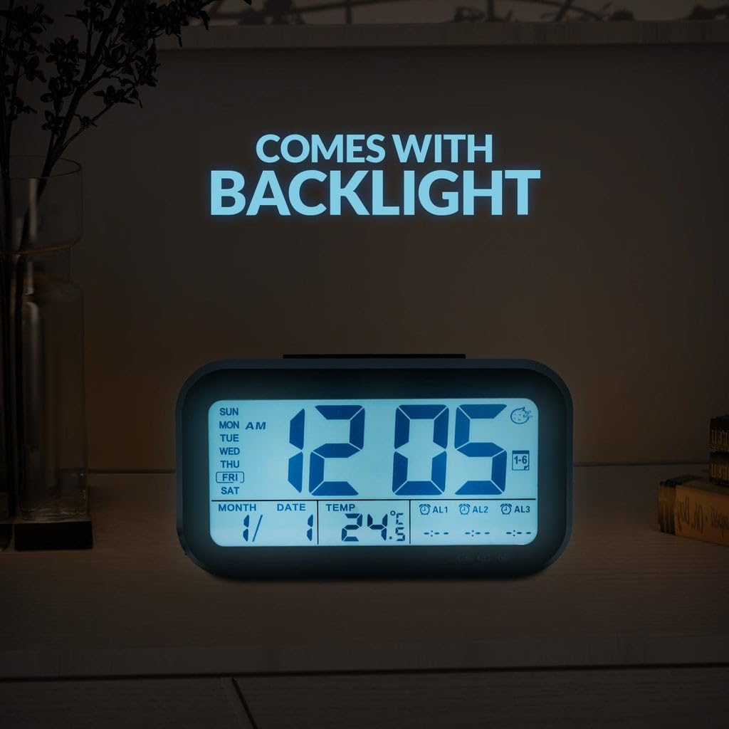 Bulfyss USB Rechargeable Digital Alarm Clock, Date, Temperature, Backlight LCD Display Smart Clock with 3 Alarms Bedroom Table D