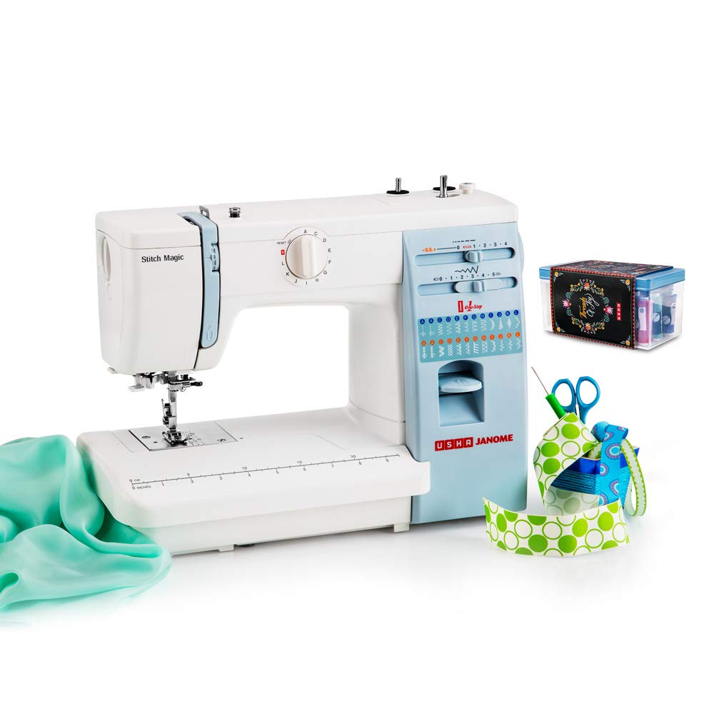 Usha Janome Automatic Stitch Magic Sewing Machine (White And Blue) With Free Sewing Kit Worth Rs 500