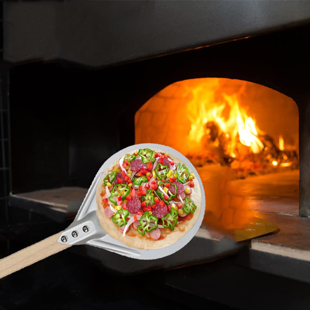 Betterjonny Round Perforated Pizza Peel With Detachable Wood Handle, Aluminum Turning Peel Pizza Paddle Metal Non-Slip Perforate