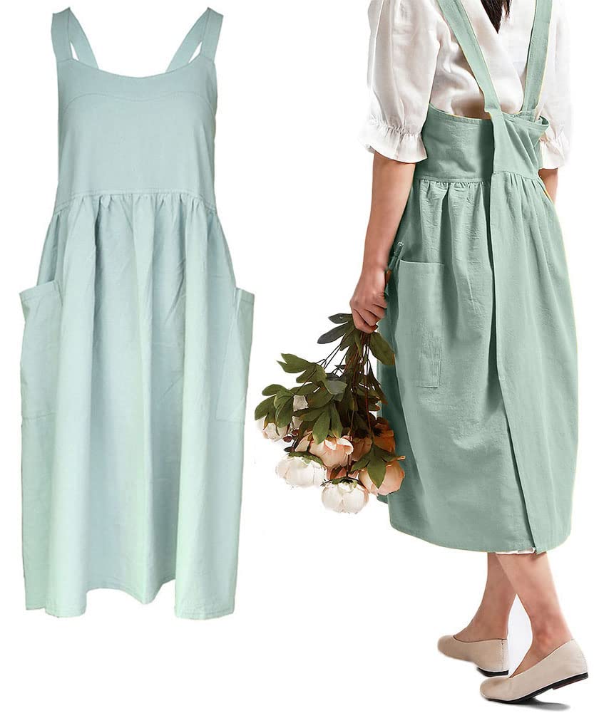 Losofar Women Girls Cross Back Apron Gardening Works Cotton Aprons Pinafore Dress (Green, 32.3'' X 41.3'')