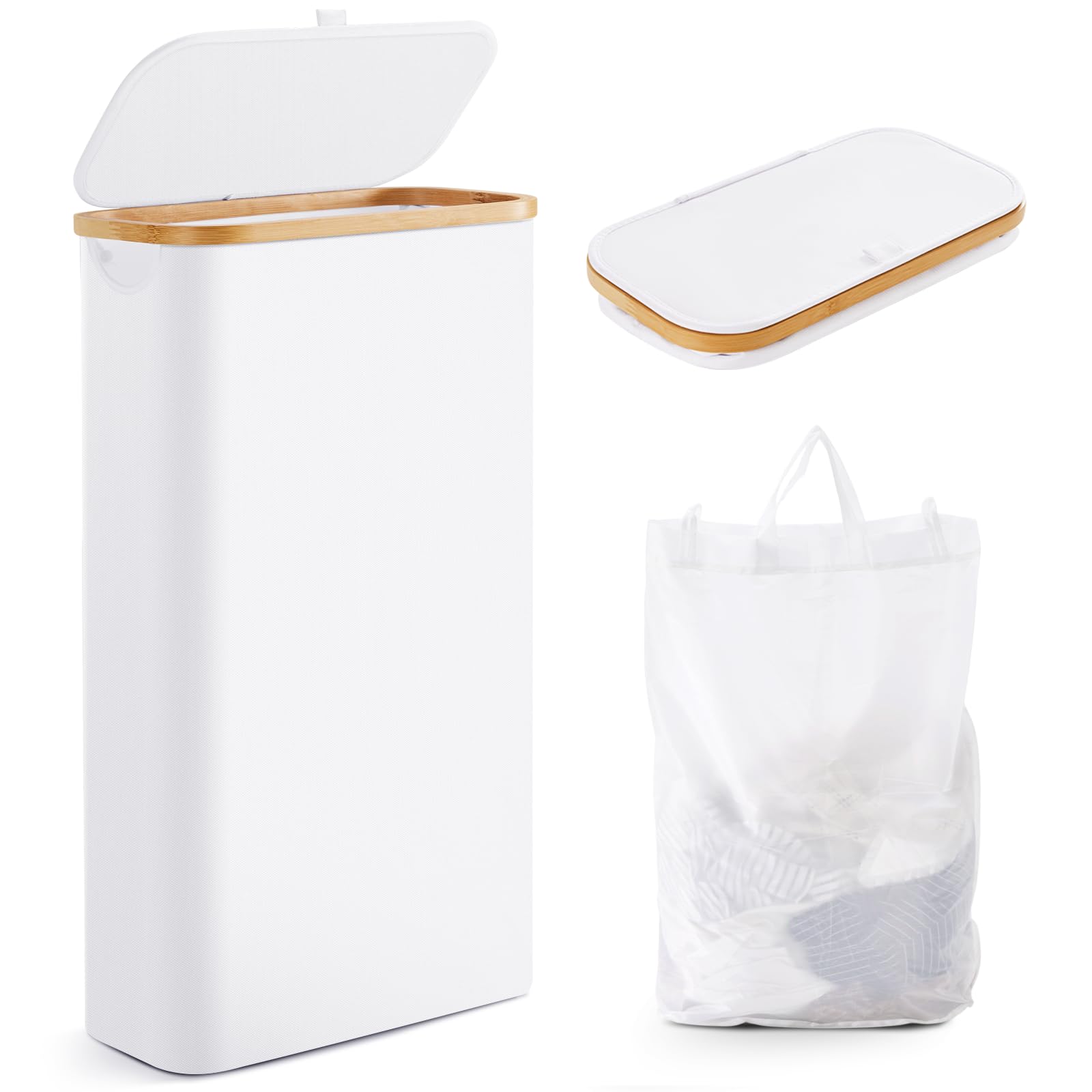 Fiona'S Magic Slim Laundry Hamper With Lid, 63L Narrow Laundry Basket With Removable Bag, White Collapsible Dirty Clothes Basket