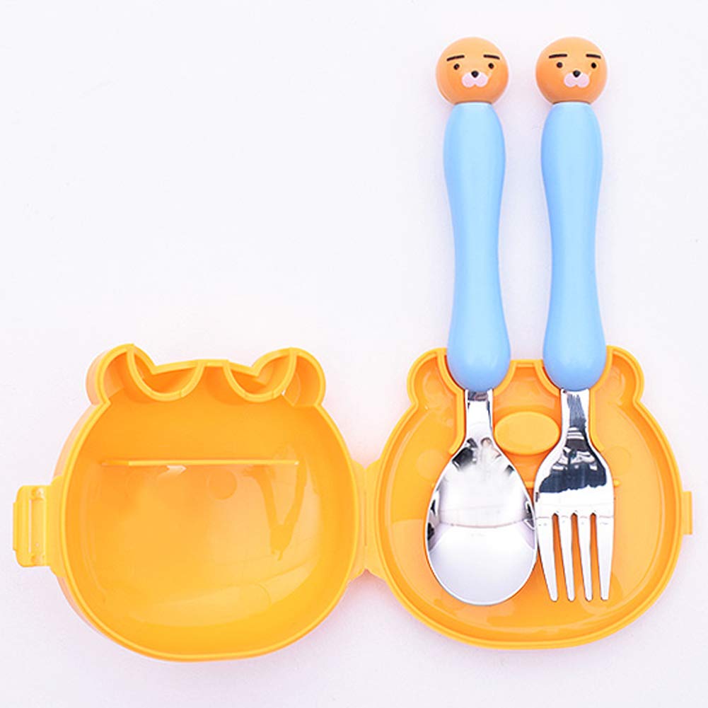 Kakao Friends - Cute Chracter Face All-in-one 304 Stainless Steel Spoon Fork Case Tableware Set for Kids, Blue (Ryan)