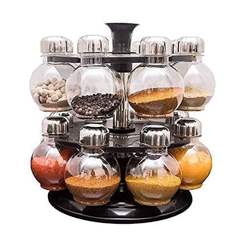 Sangoz Multipurpose Plastic Big Revolving Spice Rack 16 In 1 Masala Rack Set Condiment Set Spice Container Tabletop Jar Bottle S