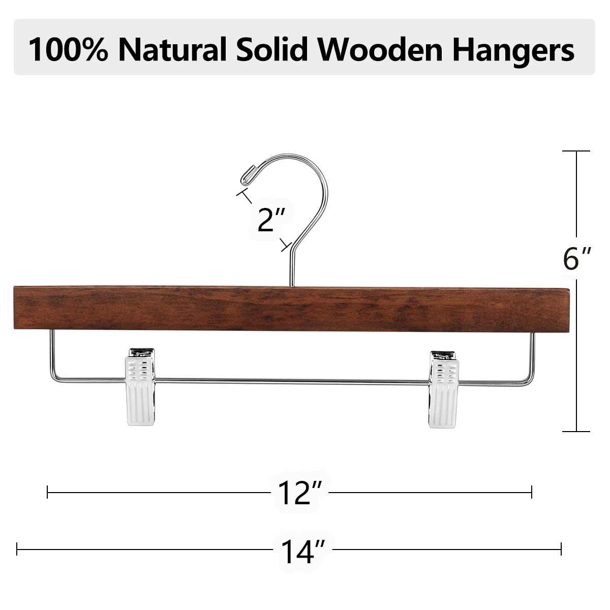 AMKUFO 20pcs Wooden Pants Hangers Solid Pants Hangers with Adjustable Clips 14 Inch Walnut Wood Skirt Hangers Trousers Bottom Hangers with Non-Slip Clips and 360? Swivel Hook