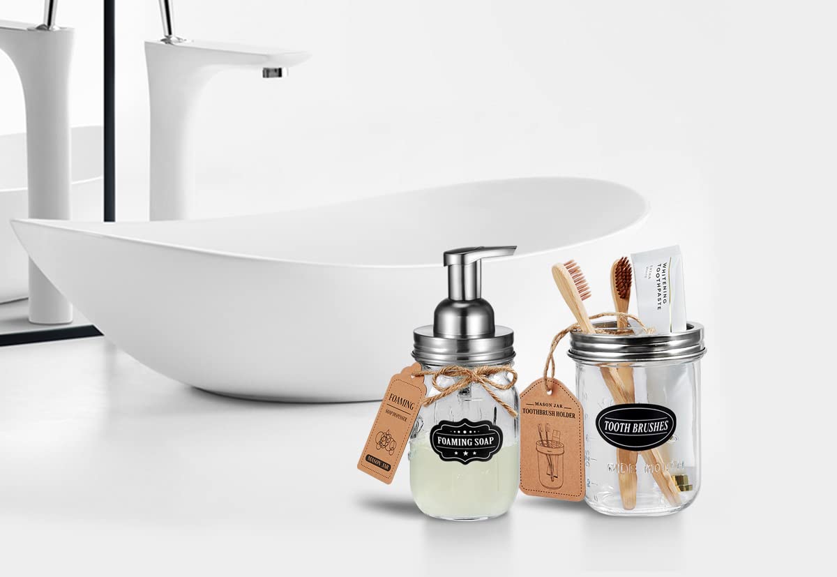 Komashr Mason Jar Toothbrush Holder - Brushed Nickel - With 16 Ounce Ball Mason Jar,Premium Rustproof 304 Stainless Steel Lid An