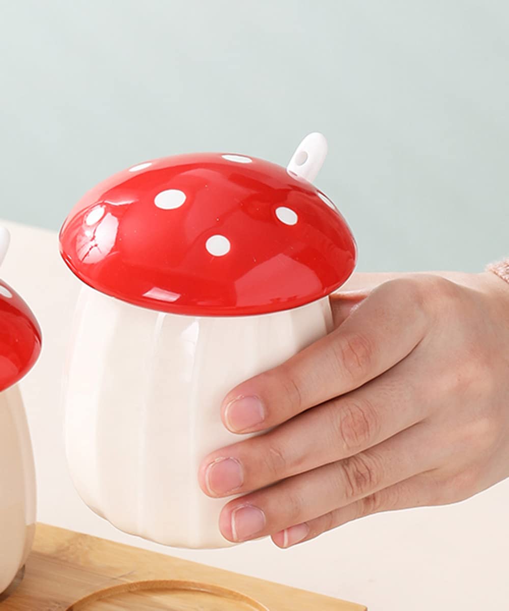 Mozacona Ceramic Mushroom Shape Sugar Bowl Spice Jar Seasoning Pot With Lid Spoon