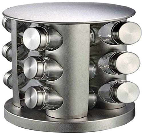Olpad Revolving Spice Tower | Round Spice Rack | Set Of 12 Spice Jars | Seasoning Storage Organization | Stainless Steel Masala 