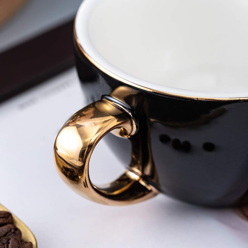 Coffeezone Luxury Gold 10 Oz Ceramic Latte Art Cappuccino Barista Cup With Saucer (Cool Black)