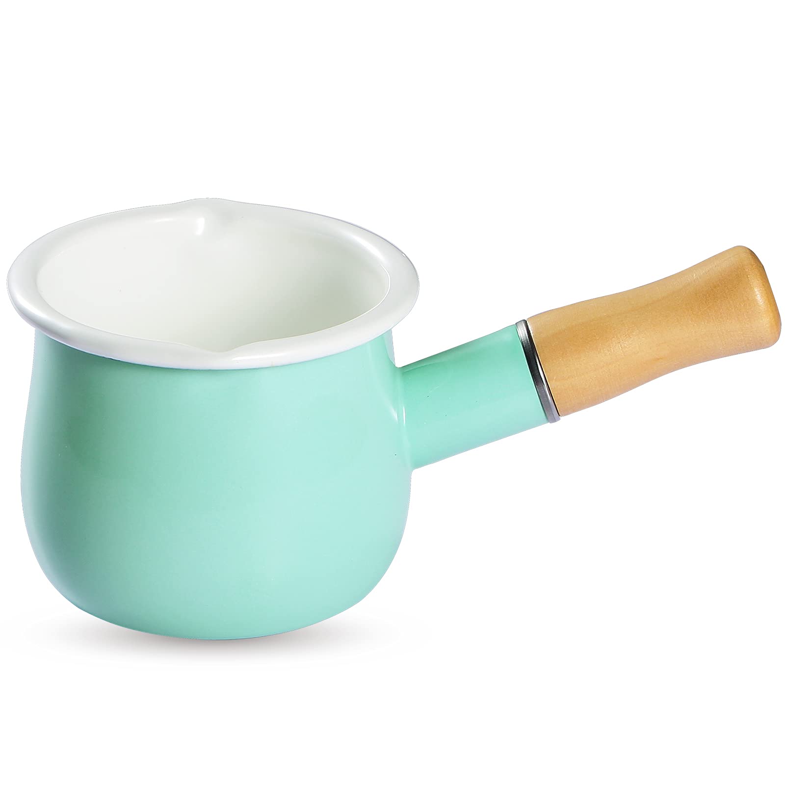 Enamel Milk Pan, Mini Butter Warmer 4 Inch 550ml Milk Pot Half Quart Saucepan Small Enamelware with Wooden Handle for Heating Mi