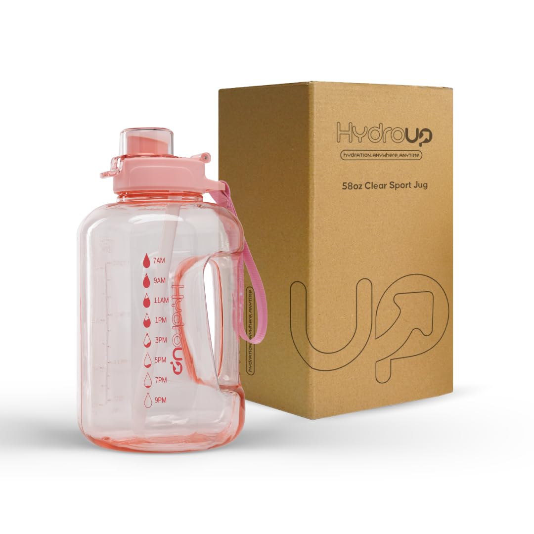 HYDROUP Sport Jug 58oz  Large Clear Plastic Water Jug with 2in1 Straw & Chug Lid, Motivational Time Markers, BPAFree, Leakpr