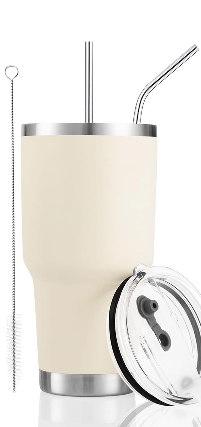 DS 30oz Cream Tumbler Stainless Steel Insulated Travel Mug with Straw Lid Cleaning Brush (30oz Cream)