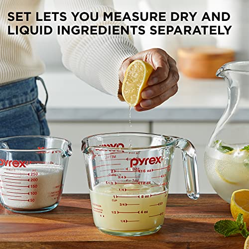 Pyrex 2 Piece Glass Measuring Cup Set, Includes 1-Cup, And 2-Cup Tempered Glass Liquid Measuring Cups, Dishwasher, Freezer, Micr