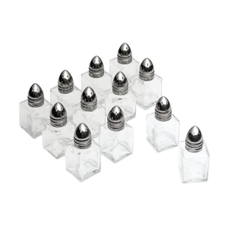 Mini Salt & Peppper Shakers Shaker, Cube Shape, Polished Chrome Top, Glass Body - 1 Dozen