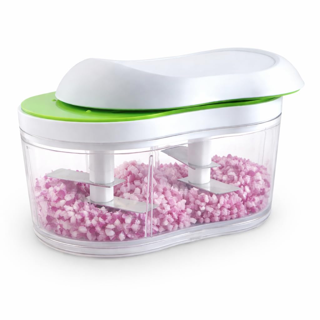 Manual Push Chopper With Dual Stainless Steel Blades | Easy Press Vegetable Cutter For Onion, Garlic & Fruits | Compact Hand Pre
