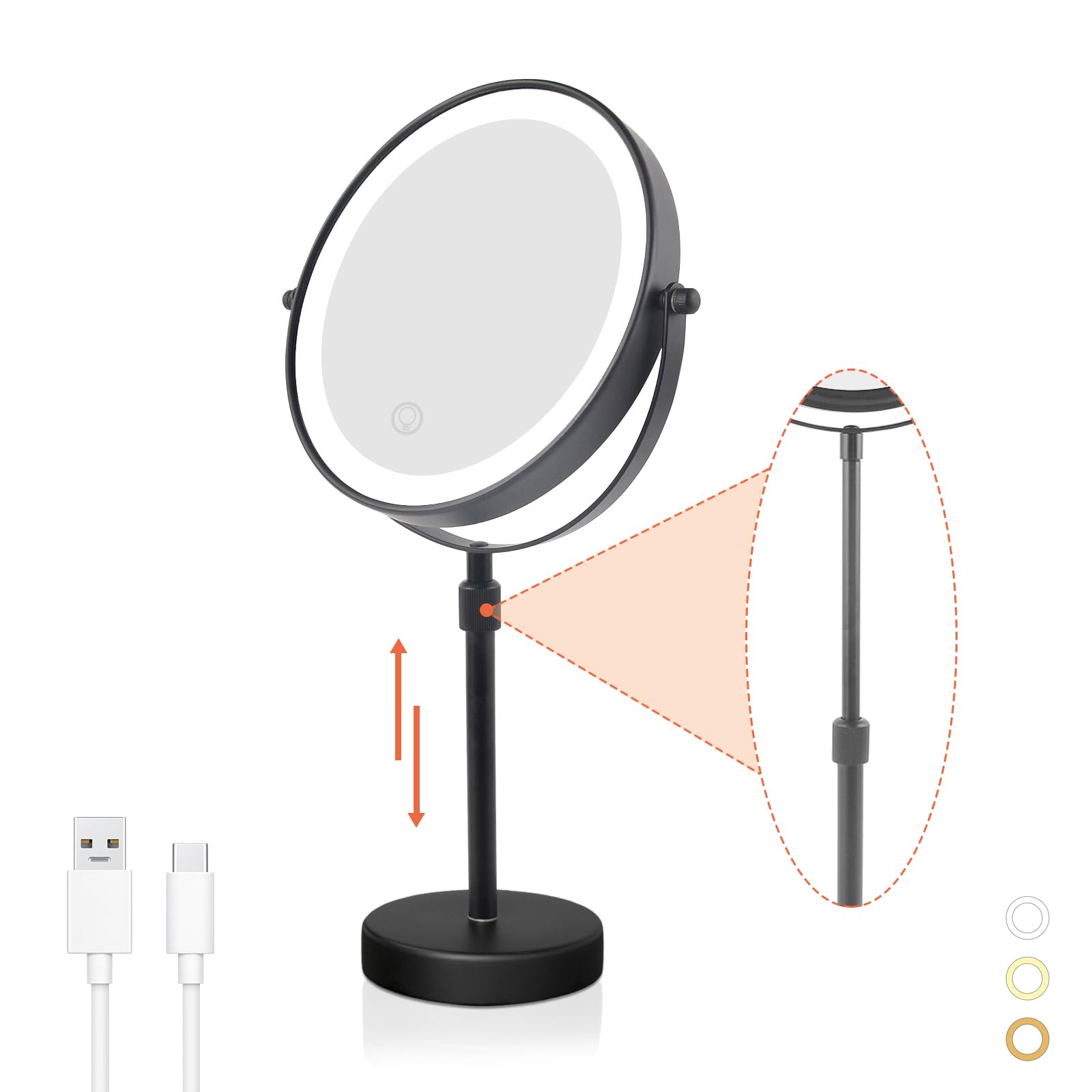 LED Lighted Makeup Mirror Tabletop, 1X/5X Magnifying Mirror with 3 Color Lights, Brightness Adjustable Height Adjustable, Black