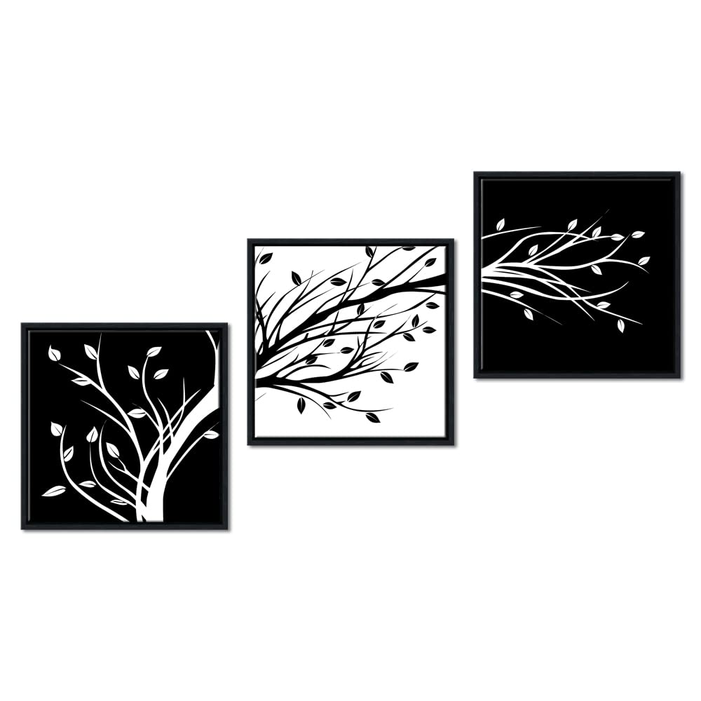 Wieco Art Framed Leaves Modern 3 Panels Flowers Artwork Canvas Prints Black And White Abstract Floral Trees Pictures Paintings O