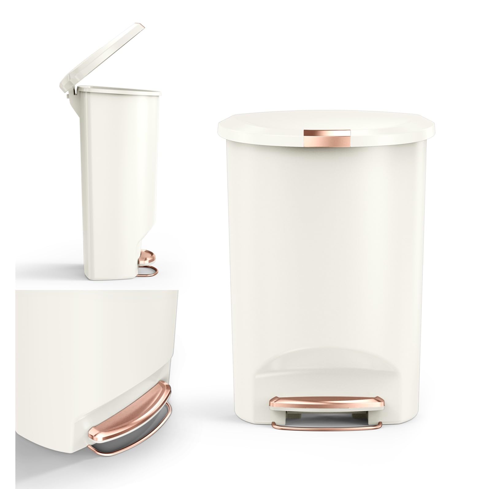 simplehuman 50 Liter / 13 Gallon Hybrid Semi-Round Kitchen Step Trash Can with Secure Slide Lock, Cream Plastic