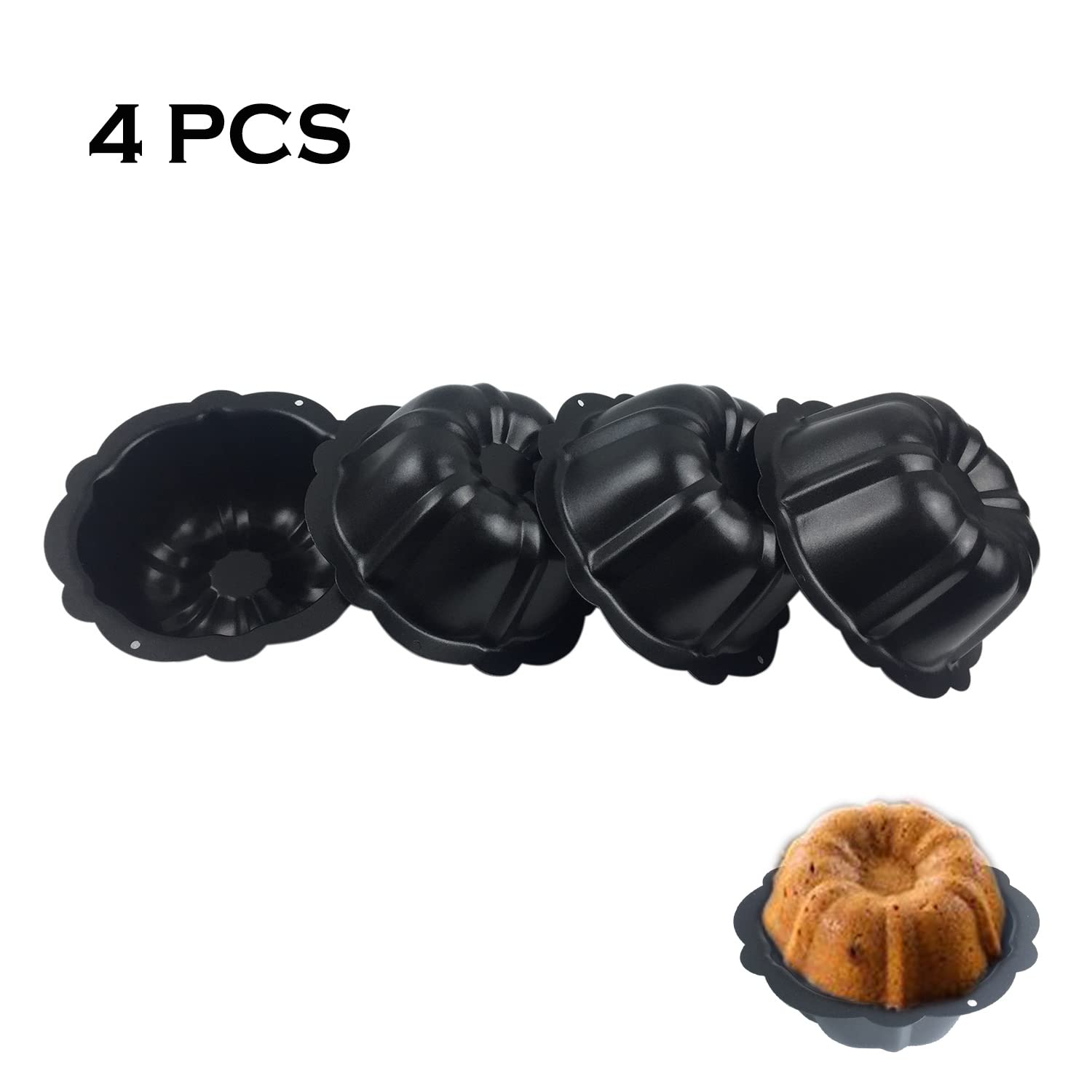 Lovedeal 4 Inch Nonstick Mini Bundt Cake Pan, Set Of 4 For Baking, Carbon Steel Fluted Cake Pans, Metal Round Pumpkin Shaped Cak
