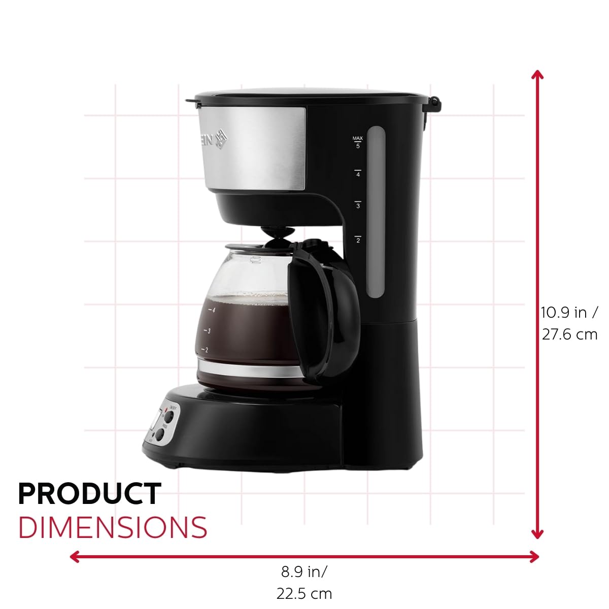 Holstein Housewares 5-Cup Programable Coffee Maker, Convenient And User Friendly, Black And Stainless Steel With Auto Pause And