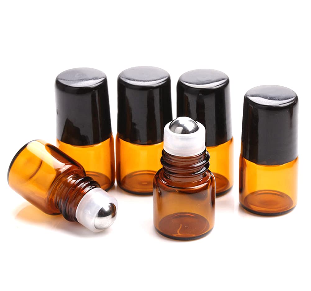 Furnido 25 Pack 1Ml Amber Glass Roll On Bottle For Essential Oils,Perfume Vial With Stainless Steel Roller Ball,Black Caps Mini
