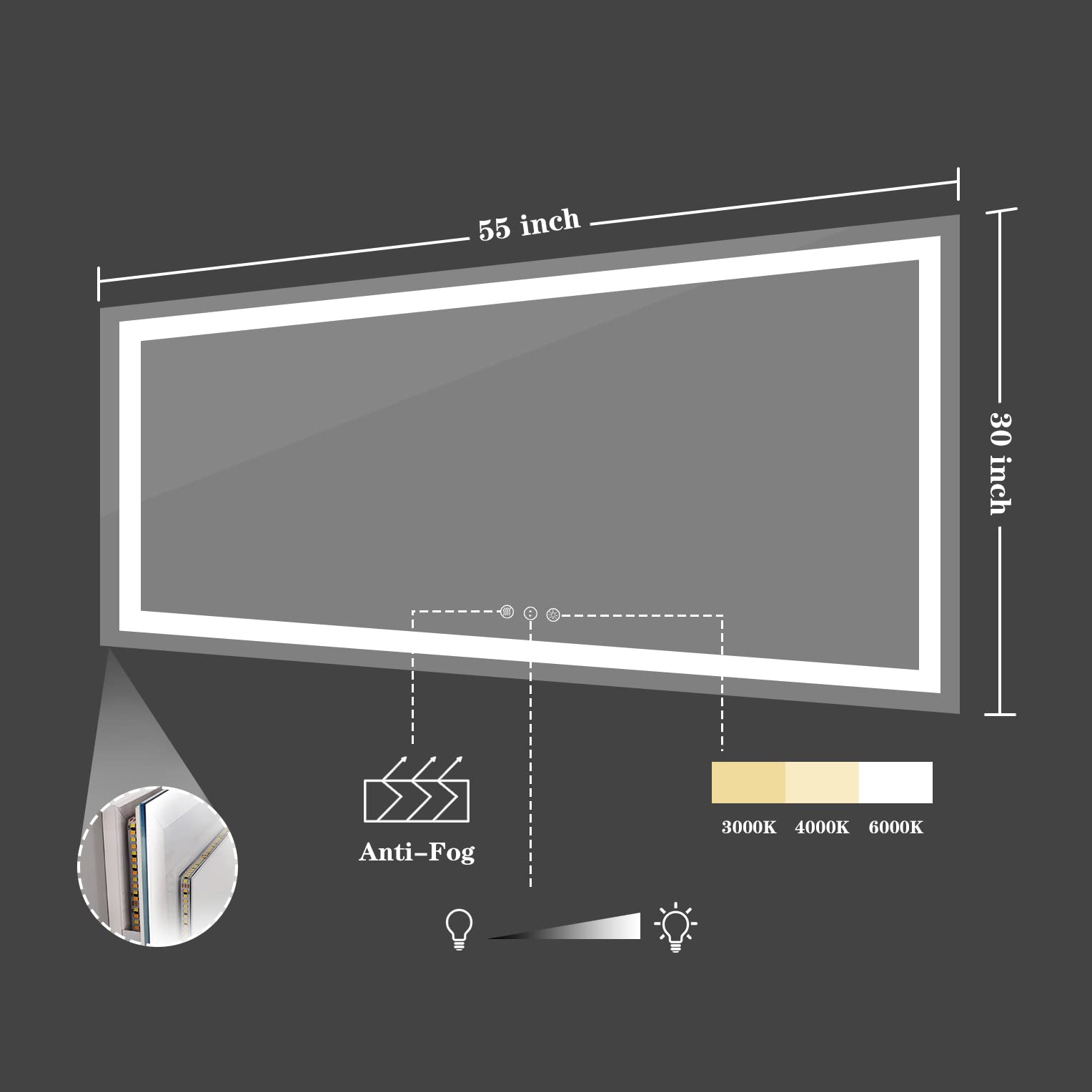 Amorho LED Bathroom Mirror 55''x 30''  Backlit + Front-Lighted Vanity Mirror  Dimmable Bathroom Mirrors for Wall  Anti-Fog  Memory  3 Colors  Double LED Lights  Shatter-Proof  ETL Listed