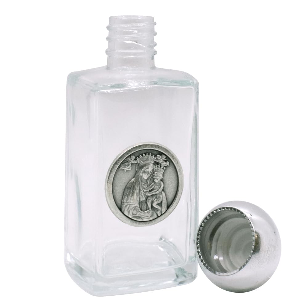 Glass Holy Water Bottle | Mary Queen of Heaven Metal Icon | Silver-Tone Twist on Cap | For Blessed Water or Oil | Great Catholic