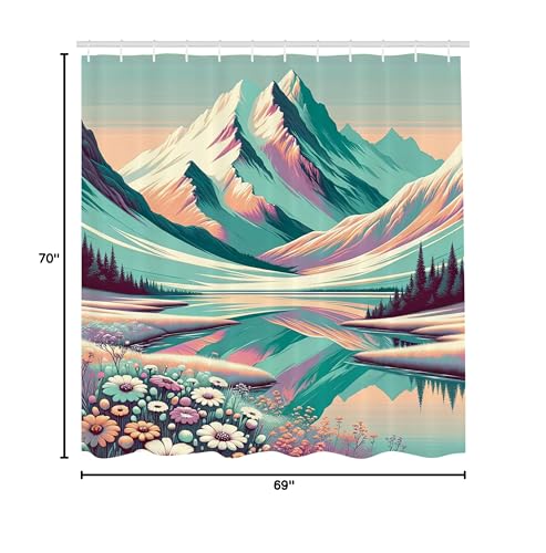Ambesonne Lake Shower Curtain, Snowy Mountain Scenery And Floral Meadow Drawn With Dreamy Color Palette Print, Cloth Fabric Bath