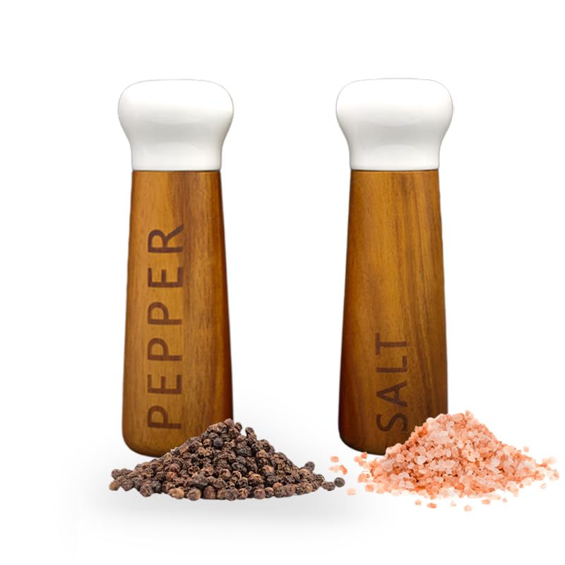 Tessie & Jessie Wooden Salt And Pepper Grinder Set, Premium Acacia Wood, 8'' Elegant Refillable Salt Pepper Mill, Salt & Pepper