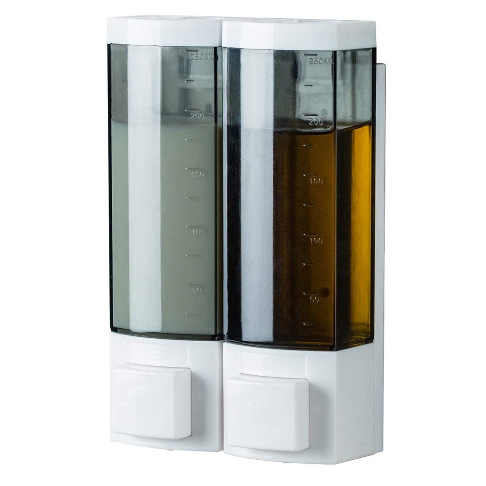 Double Soap Dispensers 250ml ABS Plastic Drill Free with Adhesive or Wall Mount with Screws Liquid Hand Shower Dispenser for Bat