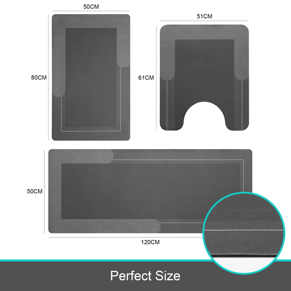 Hellotree 3Pcs Bath Mat Rug Rubber Non Slip Quick Dry Rug Sets Super Absorbent Thin Bathroom Rugs Fit Under Door Dark Grey Washa