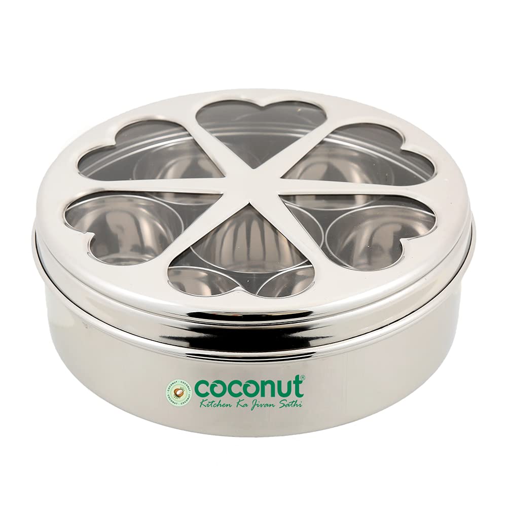 Coconut Stainless Steel Flora Indian Spice Container/Masala Box With 7 Bowls  1 Unit (Round Shaped)  Diamater Cm