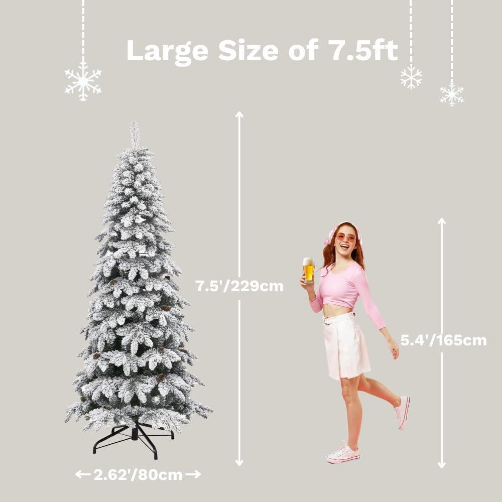 DWVO Pre-Lit Flocked Slender Spruce Artificial Christmas Tree Adorned with 72 Pine Cones, 11 FT Authentic Layered Christmas Tree