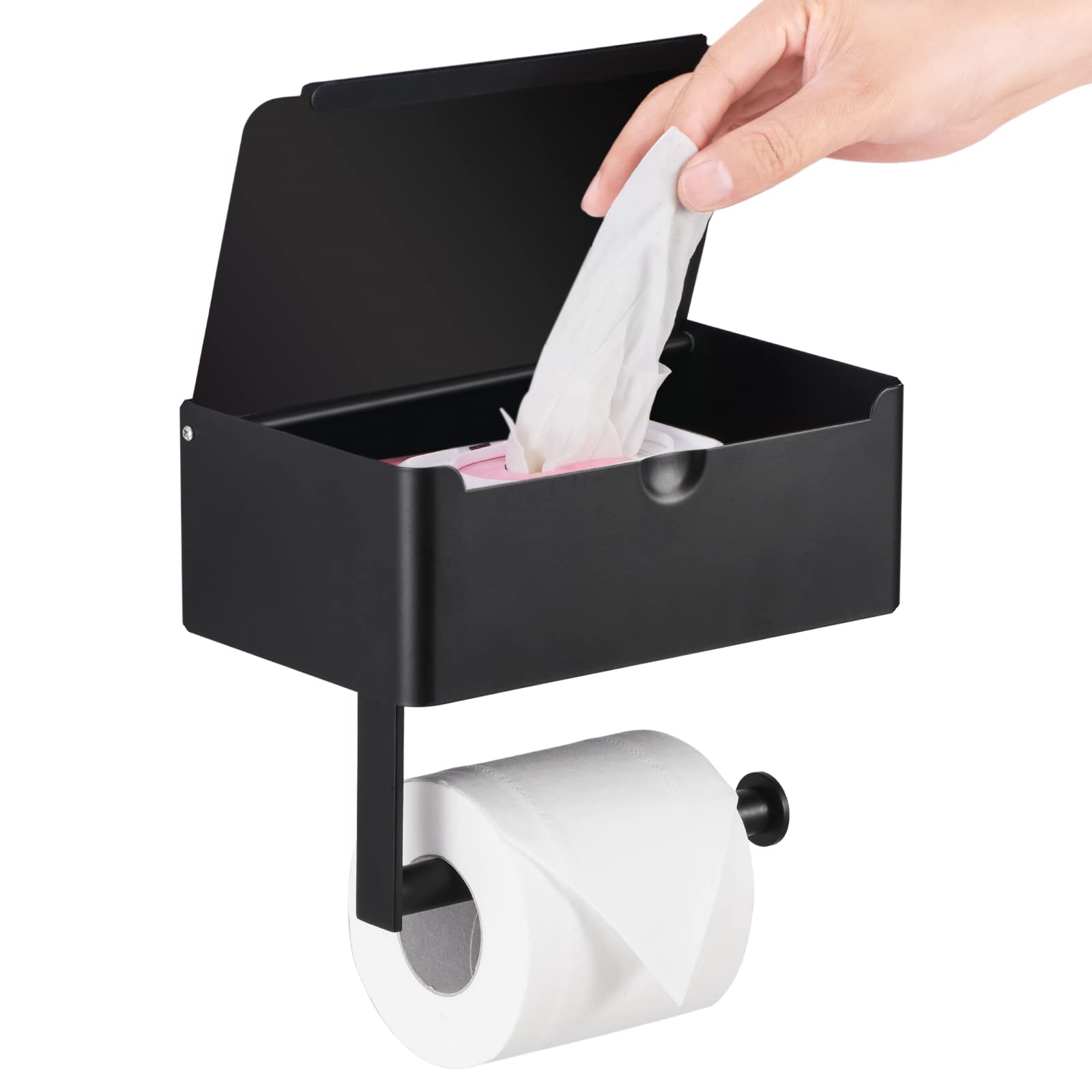 Layuki Large Toilet Paper Holder With Shelf, Wipes Dispenser And Storage, Stainless Steel, Wall Mounted, Matt Black, Upgraded To