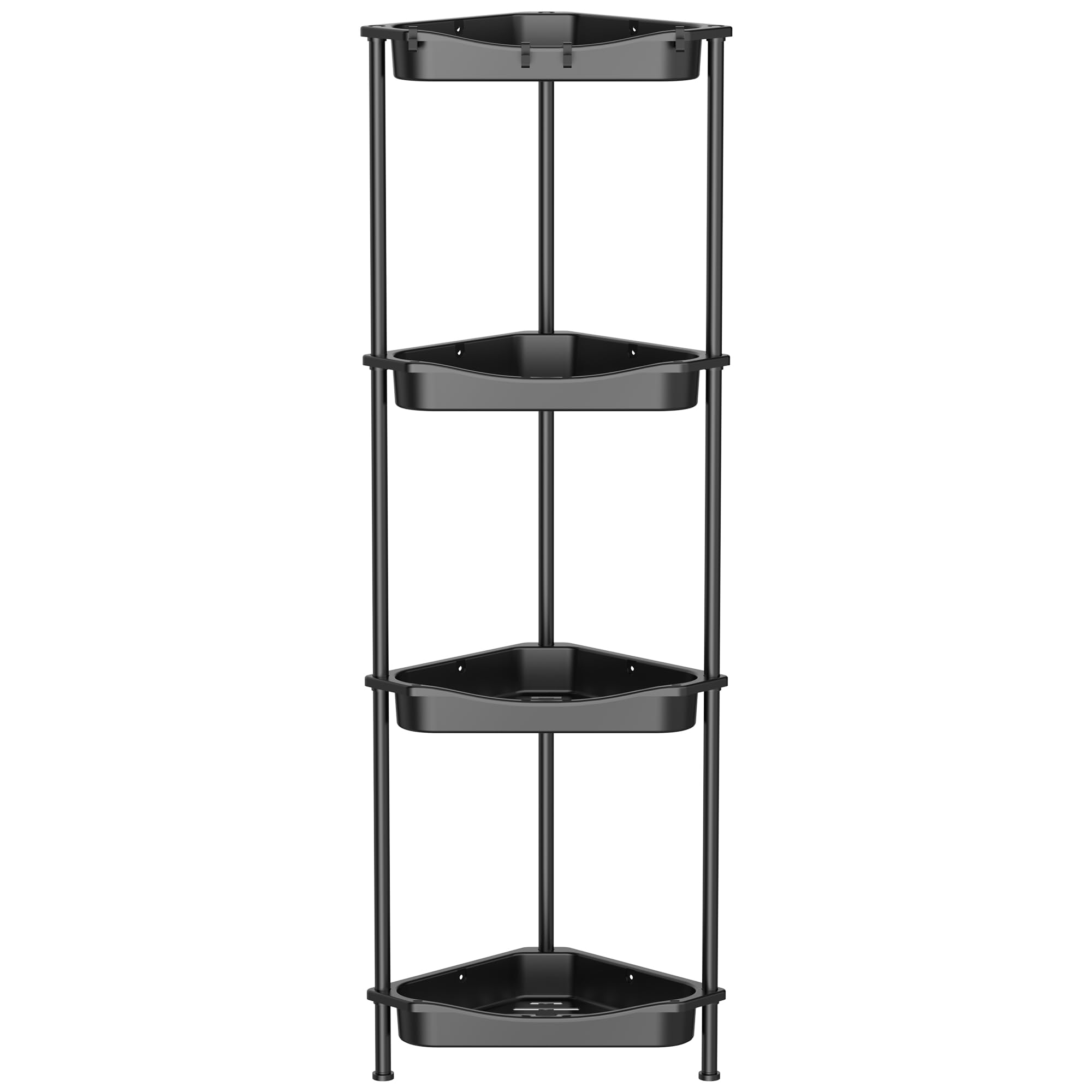 HuggieGems 4 Tier Floor Standing Corner Shower Caddy Organizer Shelf with Hooks, Bathroom Shelves Stand Rack, Jet Black