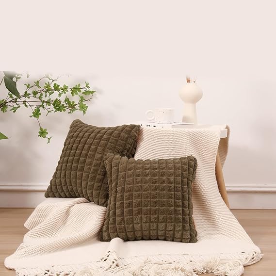 Monkdecor (O.F) Brown Faux Fur Cozy Soft Plaid Decorative Throw Pillow Covers 16X16 Inch Set Of 5,Velvet Pillowcase Cushion Case