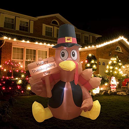 MorTime 6 FT Thanksgiving Inflatable Turkey, Blow up Lighted Turkey Decor with LED Lights for Fall Autumn Yard Party Shopping Ma