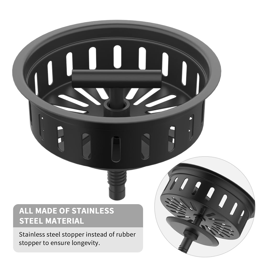 KONE Black Kitchen Sink Drain Matte Black Sink Strainer 3-1/2 Inch Drain Assembly Kit Replacement for Universal 3.5 Inch Kitchen Sink  All Stainless Steel Body with Strainer Basket and Drain Stopper